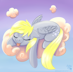 Size: 4100x4000 | Tagged: safe, artist:solarspark, derpy hooves, pegasus, pony, absurd resolution, atg 2020, cloud, eyes closed, female, floppy ears, lying on a cloud, mare, newbie artist training grounds, on a cloud, prone, sky, sleeping, smiling, solo, tongue out