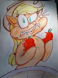 Size: 720x960 | Tagged: safe, artist:jazzytheman, applejack, earth pony, pony, .mov, apple.mov, eating, looking at you, traditional art