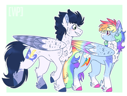 Size: 1024x768 | Tagged: safe, artist:wanderingpegasus, derpibooru import, rainbow dash, soarin', pegasus, pony, alternate design, chest fluff, colored hooves, colored wings, female, looking at each other, male, mare, rainbow feathers, redesign, shipping, soarindash, stallion, straight, unshorn fetlocks