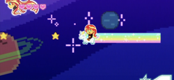 Size: 2436x1125 | Tagged: safe, sunset shimmer, unicorn, better together, choose your own ending, equestria girls, the last drop, the last drop: sunset shimmer, 8-bit, game, humans riding ponies, nyan cat, planet, rainbow, riding, space