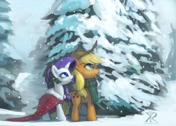 Size: 1260x900 | Tagged: safe, artist:raikoh, applejack, rarity, earth pony, pony, unicorn, cloak, clothes, female, freckles, hat, lesbian, rarijack, scarf, shipping, snow, snowfall