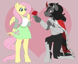 Size: 2039x1690 | Tagged: safe, artist:liziedoodle, derpibooru import, fluttershy, king sombra, anthro, unguligrade anthro, unicorn, armor, blushing, clothes, duo, female, flower, male, rose, shipping, skirt, smiling, sombrashy, straight