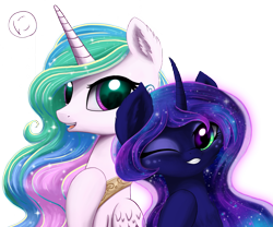 Size: 3197x2664 | Tagged: safe, artist:nimaru, princess celestia, princess luna, alicorn, pony, ear fluff, grin, one eye closed, royal sisters, simple background, smiling, style emulation, transparent background, wink