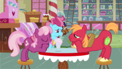 Size: 480x270 | Tagged: safe, screencap, big macintosh, cheerilee, cup cake, earth pony, pony, hearts and hooves day (episode), animated, eye contact, female, hearts and hooves day, looking at each other, loop, male, mare, milkshake, stallion, sugarcube corner