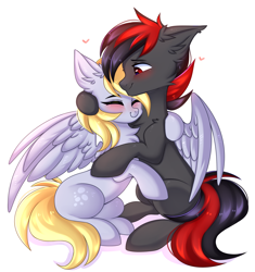 Size: 2816x3000 | Tagged: safe, artist:pesty_skillengton, derpy hooves, oc, pegasus, pony, unicorn, blushing, cute, female, hug, male, mare, red and black mane, red and black oc, red eyes, stallion, wings
