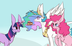 Size: 1280x814 | Tagged: safe, artist:house-of-art-and-ponies, pinkie pie, princess celestia, twilight sparkle, alicorn, earth pony, pony, mmmystery on the friendship express, cake, food, impossibly large ears, scene interpretation