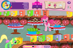 Size: 747x495 | Tagged: safe, screencap, pinkie pie, oc, oc:sketch, earth pony, pony, adventures in ponyville, candy cane, cupcake, hungry, lollipop, solo