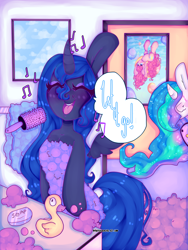 Size: 3000x4000 | Tagged: safe, artist:bunxl, pinkie pie, princess celestia, princess luna, alicorn, earth pony, pony, bathroom, eyes closed, frozen (movie), let it go, magic, rubber duck, singing, soap, song reference, telekinesis, towel