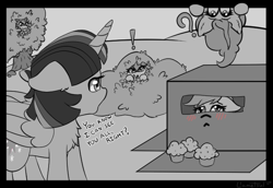 Size: 655x451 | Tagged: safe, artist:llametsul, derpy hooves, pinkie pie, twilight sparkle, twilight sparkle (alicorn), alicorn, earth pony, pony, atg 2020, black and white, box, bush, chest fluff, cutie mark, ear fluff, exclamation point, floppy ears, food, fourth wall, freckles, grayscale, hiding, horn, looking back, monochrome, muffin, newbie artist training grounds, owo, question mark, surprised, text, tree, wings