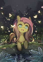 Size: 1015x1476 | Tagged: safe, artist:huaineko, fluttershy, firefly (insect), pegasus, pony, cute, female, forest, happy, mare, night, open mouth, pixiv, shyabetes, solo