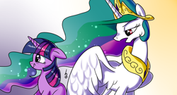 Size: 1300x700 | Tagged: safe, artist:haden-2375, princess celestia, twilight sparkle, alicorn, pony, the crystal empire, floppy ears, frown, glare, open mouth, sitting, spread wings, wavy mouth, wide eyes