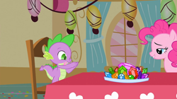 Size: 1280x718 | Tagged: safe, screencap, pinkie pie, spike, dragon, earth pony, pony, party of one, gem, lidded eyes, out of context