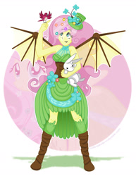 Size: 1280x1656 | Tagged: safe, artist:cute-panda-co, angel bunny, fluttershy, equestria girls, artificial wings, augmented, clothes, dress, gala dress, hat, mechanical wing, steampunk, wings