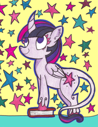 Size: 2489x3228 | Tagged: safe, artist:grocerystorephobic, derpibooru import, twilight sparkle, twilight sparkle (alicorn), alicorn, classical unicorn, pony, book, female, leonine tail, mare, solo, stars