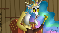 Size: 1024x573 | Tagged: safe, artist:y-nik, discord, princess celestia, alicorn, pony, dungeons and discords, discord's celestia face, scene interpretation, solo