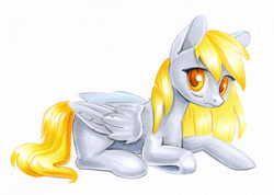 Size: 990x705 | Tagged: safe, artist:maytee, derpy hooves, pegasus, pony, female, frown, mare, marker drawing, prone, simple background, solo, traditional art, white background