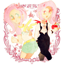 Size: 570x600 | Tagged: safe, artist:mori, fluttershy, human, duality, flutterbat, humanized, pixiv, solo, winged humanization