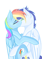 Size: 1024x1423 | Tagged: safe, artist:dusktrailyt, derpibooru import, rainbow dash, soarin', pegasus, pony, backwards cutie mark, female, kissing, male, shipping, simple background, soarindash, straight, transparent background