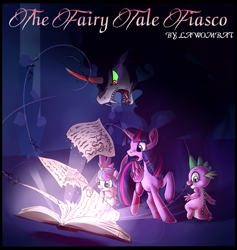 Size: 835x882 | Tagged: safe, artist:lawombat, derpibooru import, king sombra, princess flurry heart, spike, twilight sparkle, twilight sparkle (alicorn), alicorn, dragon, pony, umbrum, unicorn, book, curved horn, fanfic, fanfic art, fanfic cover, sombra eyes