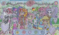 Size: 1884x1121 | Tagged: safe, artist:nephilim rider, applejack, fluttershy, pinkie pie, rainbow dash, rarity, sci-twi, sunset shimmer, twilight sparkle, oc, oc:heaven lost, better together, equestria girls, festival filters, humane five, humane seven, humane six, traditional art