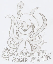 Size: 640x773 | Tagged: safe, artist:ravenpuff, derpibooru import, oc, oc only, monster pony, pony, bust, cute, cute little fangs, fangs, grayscale, hooves together, monochrome, smiling, solo, tentacles, traditional art