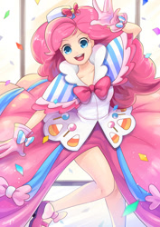 Size: 708x1000 | Tagged: safe, artist:amy30535, pinkie pie, human, clothes, dress, gala dress, gloves, happy, humanized, looking at you, open mouth, solo