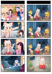 Size: 1240x1754 | Tagged: safe, artist:sweetsound, applejack, earth pony, pony, rabbit, 4koma, blushing, christmas tree, comic, crossover, crying, fujiwara no mokou, futurama, houraisan kaguya, inaba tewi, kamishirasawa keine, pixiv, present, reisen udongein inaba, slurm, toramaru shou, touhou, tree, tsundere, yagokoro eirin