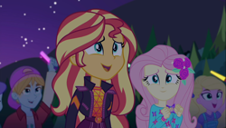 Size: 1918x1080 | Tagged: safe, edit, edited screencap, screencap, aqua blossom, fluttershy, sandy cerise, sunset shimmer, better together, choose your own ending, equestria girls, the last drop, background human, cropped, female, flower, flower in hair, geode of empathy, geode of fauna, glowstick, magical geodes, male, offscreen character, smiling