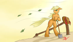 Size: 2862x1640 | Tagged: safe, artist:danli69, applejack, earth pony, pony, belly button, bipedal, floppy ears, leaves, shovel, solo, sweat, windswept mane