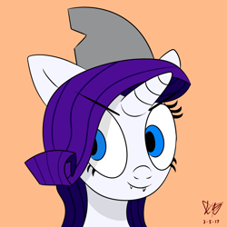 Size: 1500x1500 | Tagged: safe, artist:kaminakat, rarity, pony, shark, unicorn, bust, clothes, costume, cute little fangs, fanfic, fanfic art, fangs, orange background, portrait, shark costume, shark fin, simple background, smiling, solo