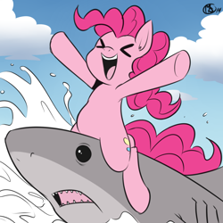 Size: 1270x1270 | Tagged: safe, artist:gtapia91, artist:megasweet, pinkie pie, earth pony, fish, pony, shark, colored, duo, eyes closed, female, mare, ponies riding sharks, riding, splash, wat