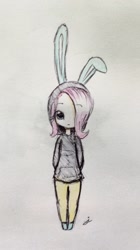 Size: 600x1075 | Tagged: safe, artist:sketchrandom, fluttershy, human, bunny ears, clothes, costume, dangerous mission outfit, female, hair over one eye, hoodie, humanized, looking at you, simple background, solo, traditional art, white background