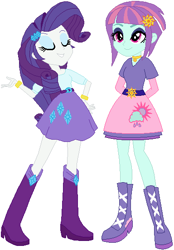 Size: 384x553 | Tagged: safe, artist:ra1nb0wk1tty, rarity, sunny flare, equestria girls, boots, bracelet, clothes, cloud, high heel boots, jewelry, necklace, raincloud, simple background, skirt, sun