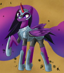 Size: 797x899 | Tagged: safe, artist:rengam, derpibooru import, king sombra, twilight sparkle, twilight sparkle (alicorn), alicorn, pony, unicorn, abstract background, armor, female, fusion, solo