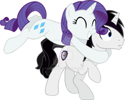 Size: 1024x815 | Tagged: safe, artist:barrfind, rarity, oc, oc:barrfind, pony, unicorn, canon x oc, cutie mark, eyes closed, female, hug, jumping, love, male, rarifind, shipping, simple background, smiling, straight, surprised, transparent background, vector, watermark