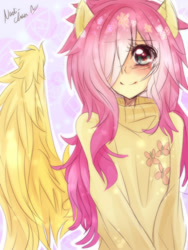 Size: 720x960 | Tagged: safe, artist:nadi-chan, fluttershy, human, clothes, eared humanization, humanized, smiling, solo, sweatershy, winged humanization