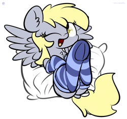 Size: 3017x2822 | Tagged: safe, artist:kimjoman, derpy hooves, pegasus, pony, chest fluff, clothes, cute, derpabetes, ear fluff, female, high res, mare, one eye closed, open mouth, pillow, simple background, sitting, socks, solo, striped socks, white background, wink