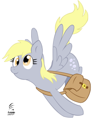 Size: 840x1100 | Tagged: safe, artist:masternodra, derpy hooves, pegasus, pony, bag, female, flying, mare, saddle bag, signature, simple background, solo, transparent background