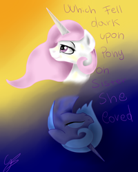 Size: 2000x2500 | Tagged: safe, artist:girlscoutdragon, princess celestia, princess luna, alicorn, pony, s1 luna, text