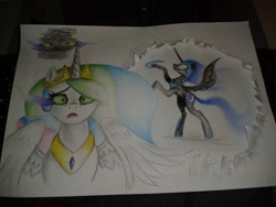 Size: 960x720 | Tagged: safe, artist:girlscoutdragon, nightmare moon, princess celestia, alicorn, pony, crown, female, horn, jewelry, mare, regalia, siblings, sisters, traditional art