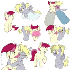 Size: 1500x1467 | Tagged: safe, artist:nyota71, derpy hooves, roseluck, earth pony, pegasus, pony, alternate hairstyle, burned, chibi, cloud, colored hooves, colored pupils, cute, derpyluck, eyes closed, female, flower, hug, hug from behind, laughing, lesbian, mare, patch, ponytail, protecting, shipping, short hair, sleeping, sleeping bag, smiling