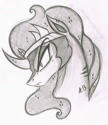 Size: 1518x1758 | Tagged: safe, artist:rossmaniteanzu, derpibooru import, king sombra, pony, unicorn, bust, grayscale, male, monochrome, pencil drawing, portrait, profile, simple background, solo, traditional art, white background