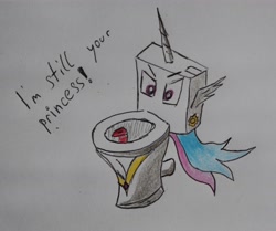 Size: 3564x2980 | Tagged: safe, artist:bumskuchen, princess celestia, object pony, original species, toilet pony, barely pony related, but why, i can't believe it's not badumsquish, inanimate tf, newbie artist training grounds, ponified, solo, toilet, traditional art, transformation, unamused, wat