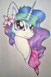 Size: 1024x1536 | Tagged: safe, artist:dexterisse, princess celestia, alicorn, pony, bust, ear fluff, flower, flower in hair, portrait, simple background, solo, traditional art