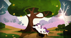 Size: 3920x2080 | Tagged: safe, artist:barrfind, rarity, oc, oc:barrfind, pony, unicorn, canon x oc, cuddling, eyes closed, female, hug, kissing, love, male, park, rarifind, shipping, snuggling, straight, sunset, tree, vector, wallpaper