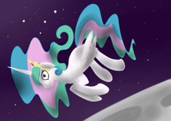 Size: 2048x1448 | Tagged: safe, artist:weird--fish, princess celestia, alicorn, pony, floating, missing accessory, moon, shrunken pupils, solo, space, wide eyes