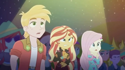 Size: 1280x720 | Tagged: safe, screencap, big macintosh, fluttershy, hunter hedge, raspberry lilac, sunset shimmer, better together, choose your own ending, equestria girls, the last drop, background human, clothes, fry lilac, male, night, night sky, shocked, sky, spotlight