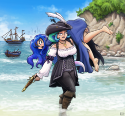 Size: 1600x1476 | Tagged: safe, artist:king-kakapo, princess celestia, princess luna, human, angry, barefoot, beach, blushing, boat, boots, breasts, carrying, celestia is not amused, cleavage, clothes, dress, duo, duo female, feather, feet, female, flintlock, glare, grawlixes, gun, handgun, hat, humanized, jewelry, light skin, necklace, ocean, open mouth, pirate, pirate hat, pirate ship, pistol, plot, princess breastia, princess sealestia, torn clothes, water, weapon