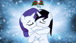 Size: 1920x1080 | Tagged: safe, artist:barrfind, rarity, oc, oc:barrfind, pony, unicorn, bright, canon x oc, digital art, eyes closed, female, hug, kissing, love, male, mistletoe, rarifind, shipping, snuggling, straight, vector