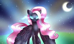 Size: 2000x1200 | Tagged: safe, artist:kayak94, fluttershy, pegasus, pony, ask nightmare mane 6, ask nightmare six, crescent moon, looking at you, moon, night, night sky, nightmare fluttershy, sky, solo